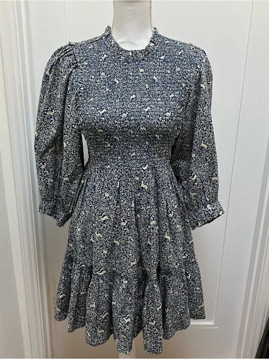 DÔEN Leda Dress in Cream Blue Prancing Fawn Floral - Size XS - Picture 4 of 12